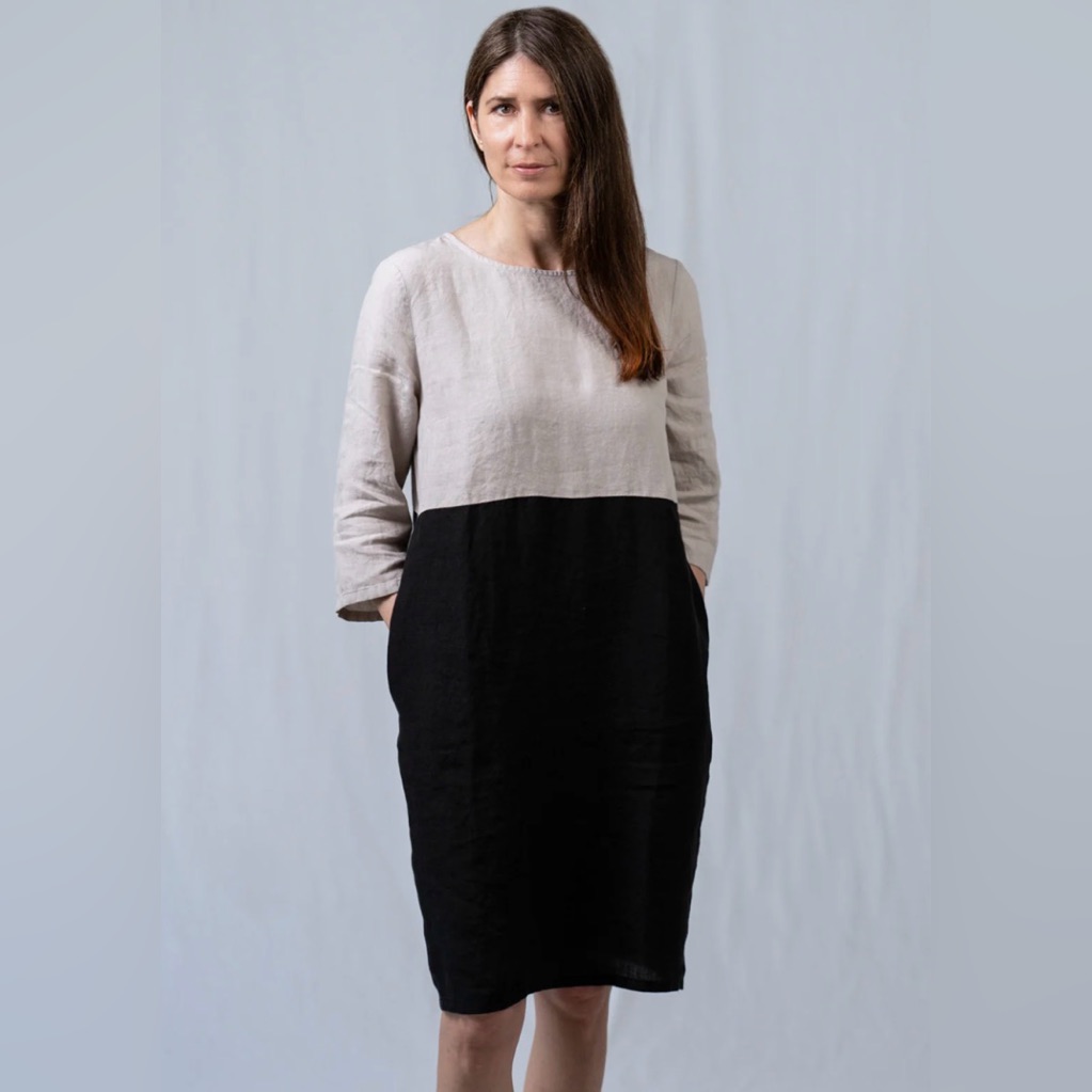 Cuosi Nwt Finnish Design Linen Sand/Black 3/4 Sleeve Midi Ada Dress Pockets -S